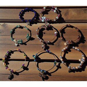 8 Boho Wire Wrap Bracelets – Beaded Charm Lot – Dragonfly, Turtle, Mask
